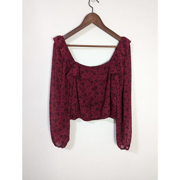 ✨Trixxi Peasant Blouse Chiffon Maroon Black Floral Long Sleeve Crop Top - Picture 4 of 6
